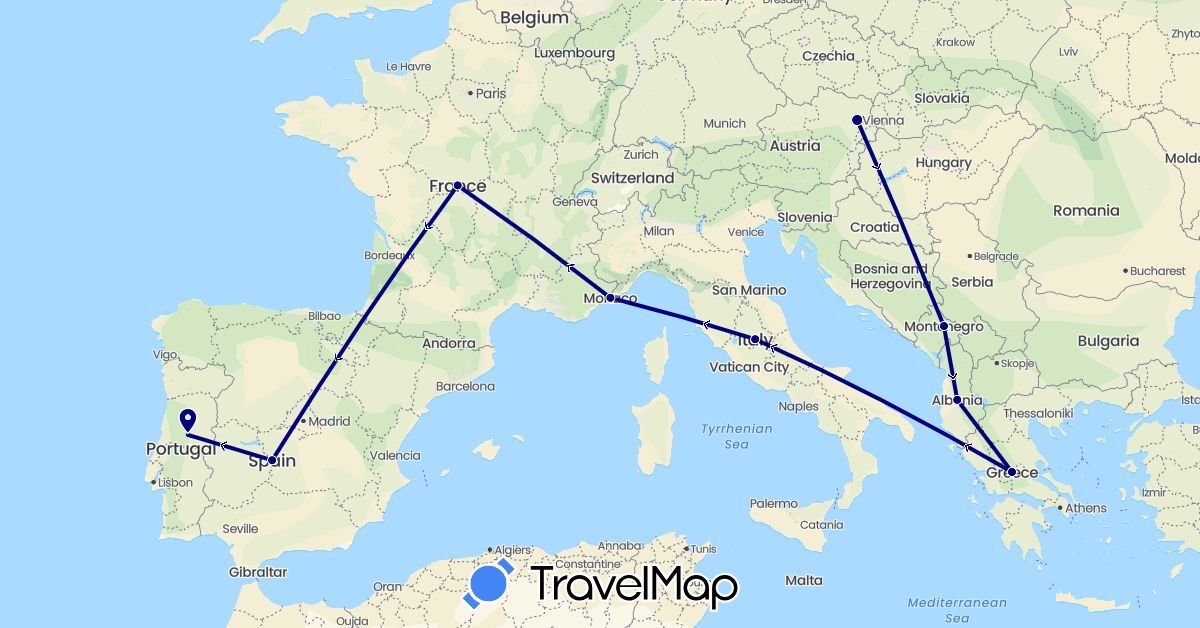 TravelMap itinerary: driving in Albania, Austria, Spain, France, Greece, Italy, Monaco, Montenegro, Portugal (Europe)